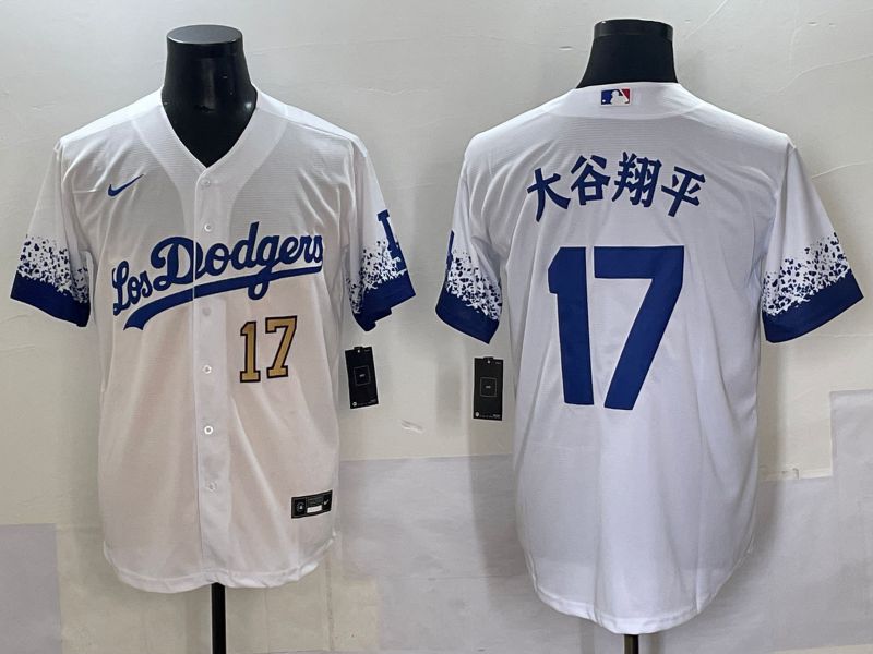 Men Los Angeles Dodgers 17 Ohtani White blue City Edition Nike MLB Jersey style 9